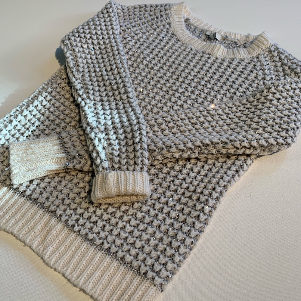Joie silver sequin sparkle cream open knit sweater